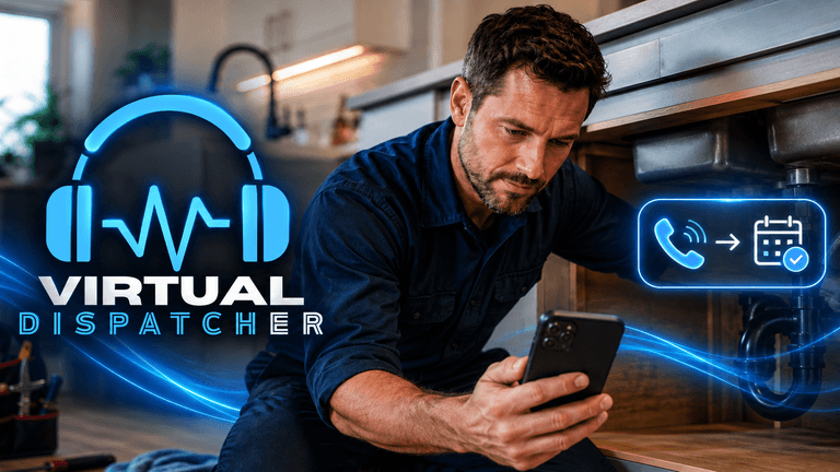 Man using a smartphone under a kitchen sink with virtual dispatcher graphics
