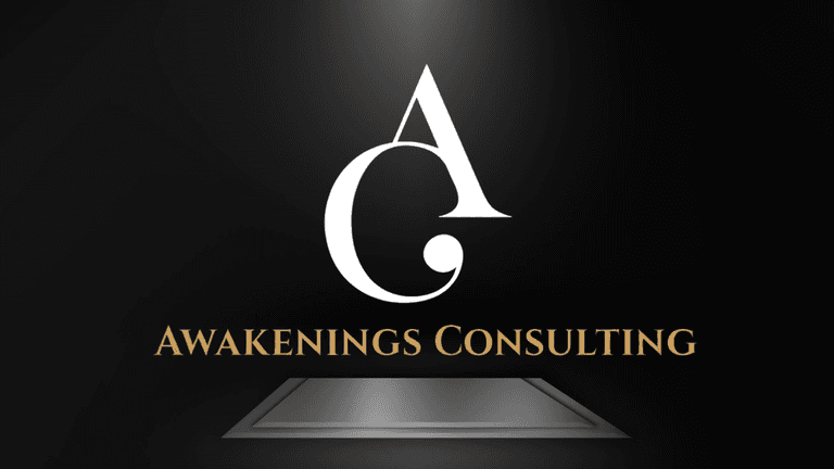 Logo for Awakenings Consulting featuring stylized letters A and C in black and gold