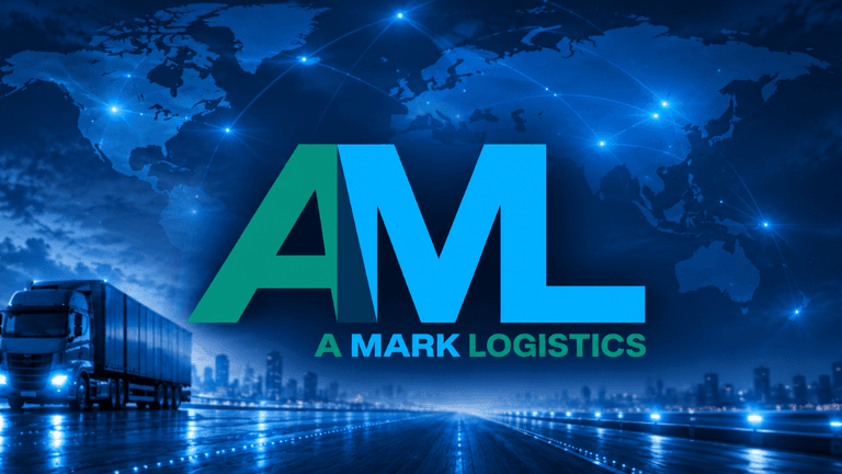 Logo of A Mark Logistics featuring a truck and a world map background