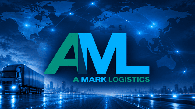 Logo of A Mark Logistics featuring a truck and a world map background