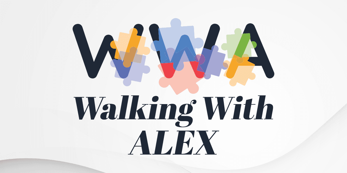 Logo for "Walking With Alex" featuring colorful puzzle pieces and bold lettering