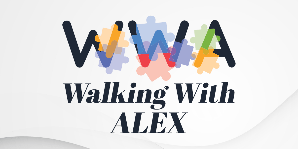 Logo for "Walking With Alex" featuring colorful puzzle pieces and bold lettering