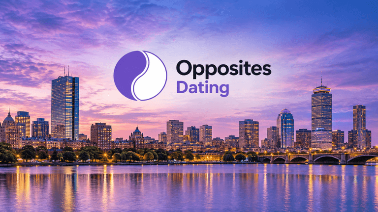 City skyline at sunset with "Opposites Dating" logo in the foreground.