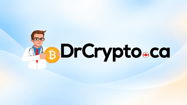 Logo for DrCrypto.ca featuring a cartoon doctor holding a Bitcoin symbol on a gradient background