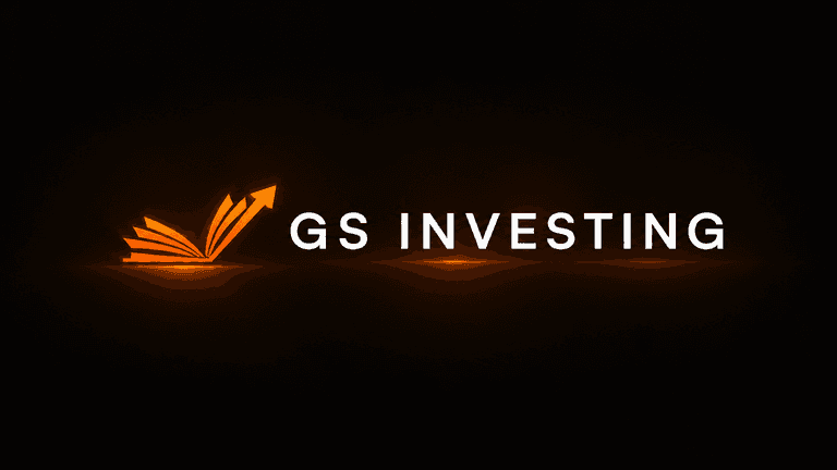 Logo of GS Investing with an orange graphic and modern font on a black background