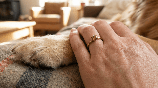 A person’s hand with a ring resting gently on a dog's paw