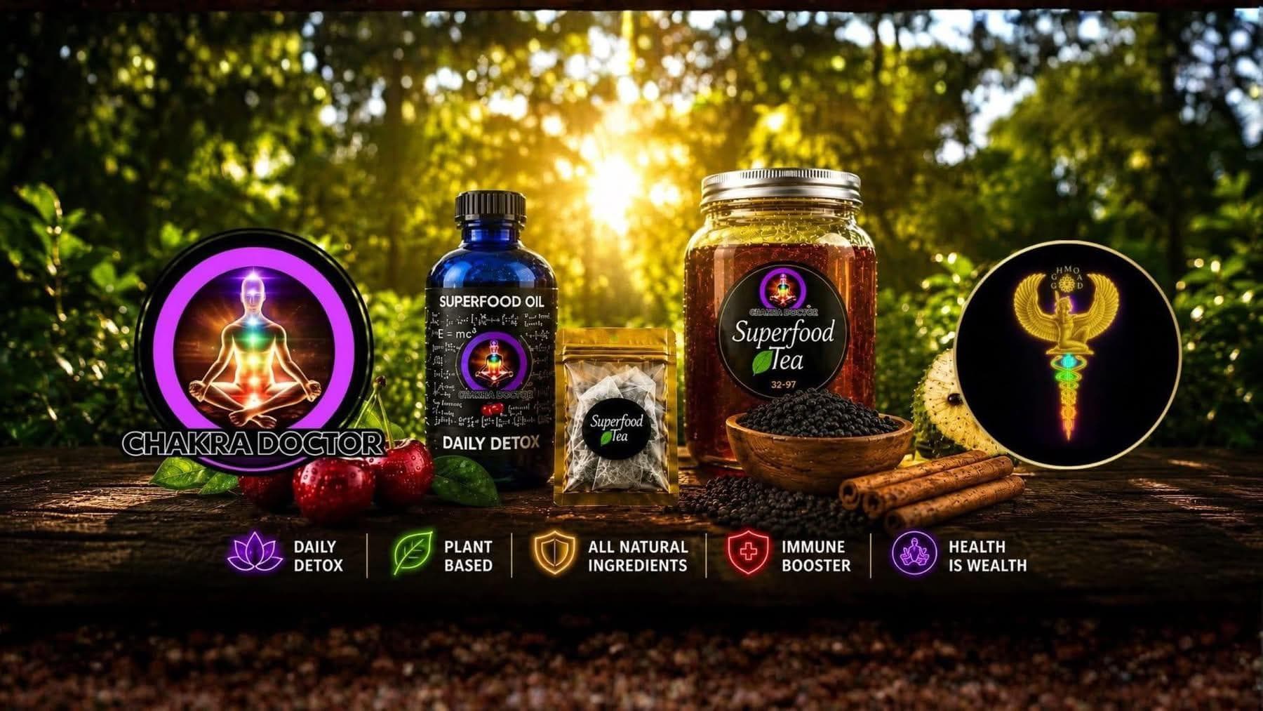 Chakra Doctor products displayed outdoors, featuring detox items and superfood supplements