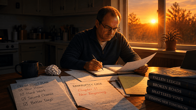 Man reviewing documents at a table with a sunset in the background