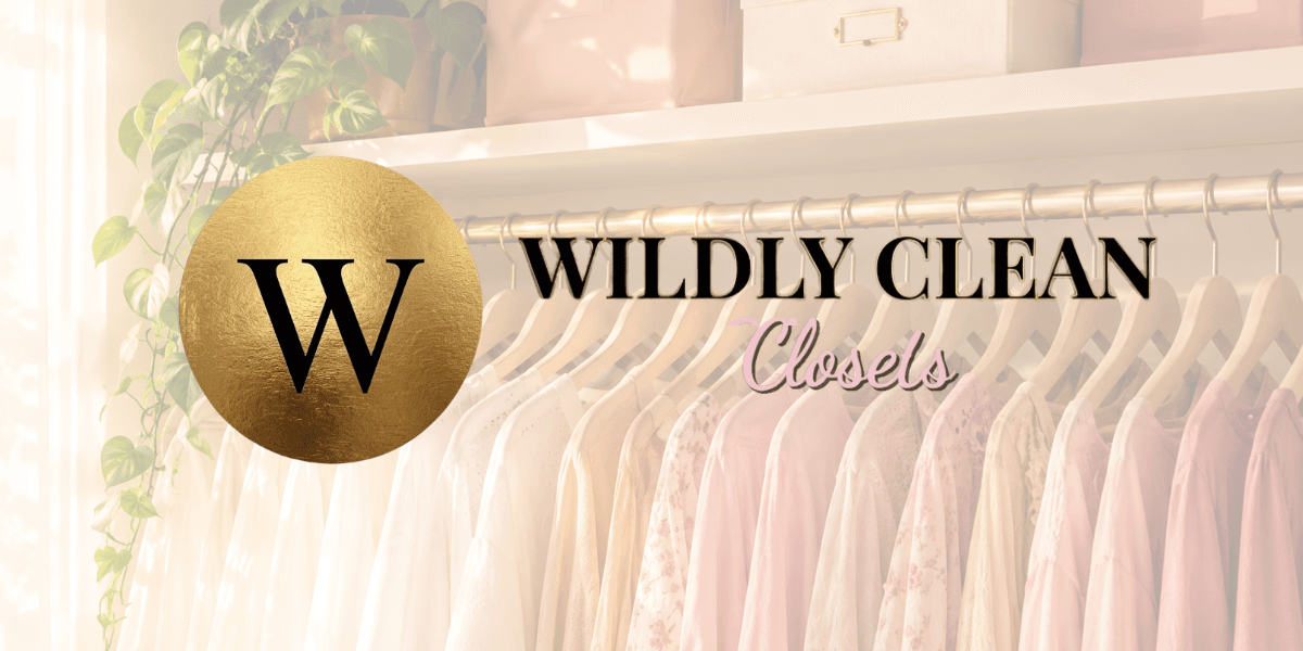 Logo for Wildly Clean Closets with a stylish closet background and clothing racks