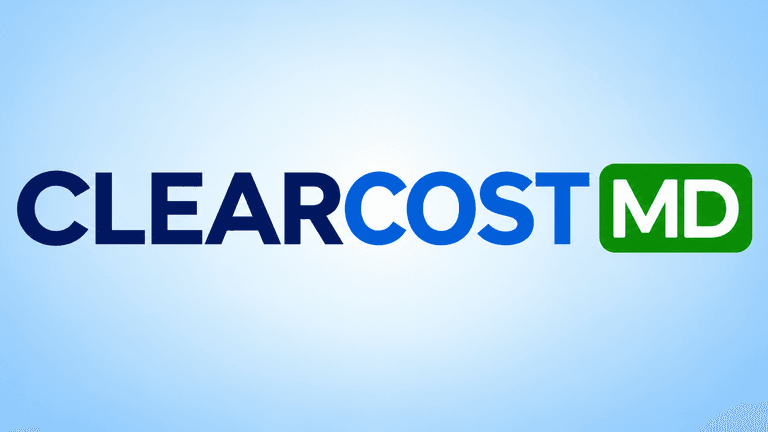Logo of ClearCost MD in blue and green on a light background