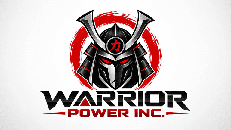 Logo featuring a samurai helmet with red accents and the text Warrior Power Inc