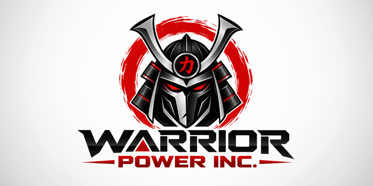 Logo featuring a samurai helmet with red accents and the text Warrior Power Inc