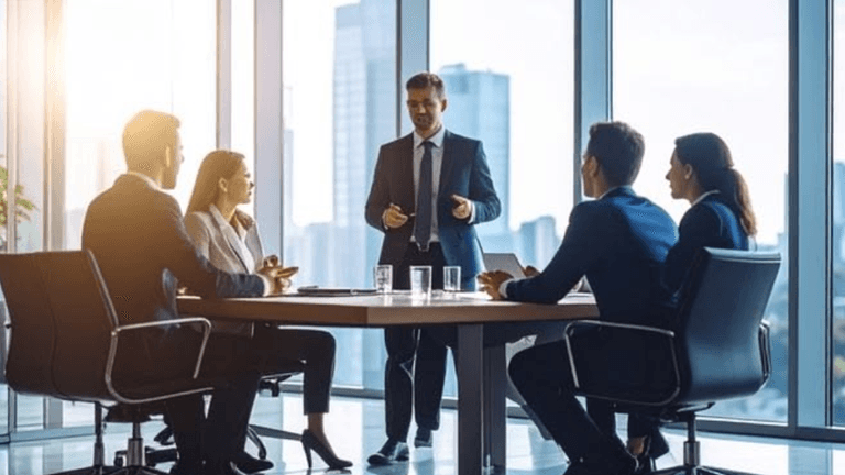 A business meeting in a modern office with a presenter and attentive participants