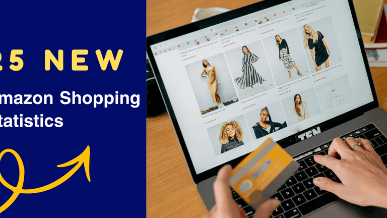 Person browsing Amazon fashion items on a laptop with a credit card in hand