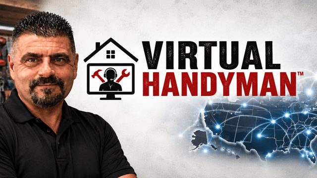 Man standing beside a logo for Virtual Handyman with a map in the background