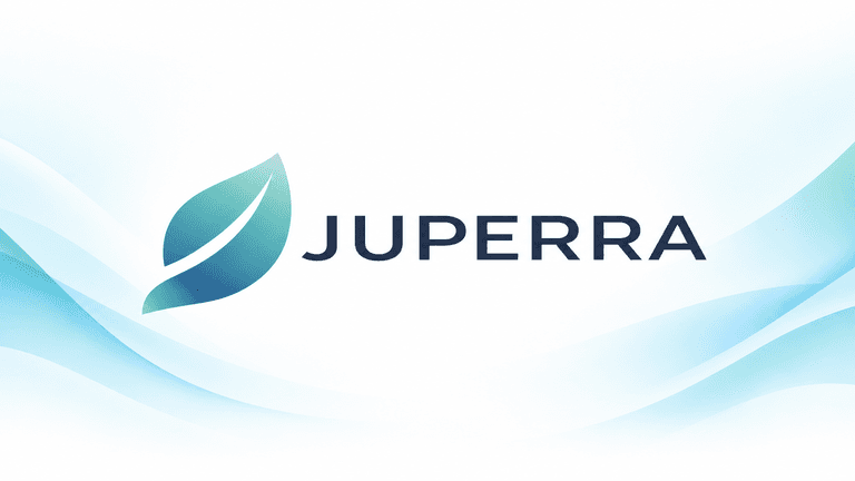 Logo of Juperra with a stylized leaf and soft wave background in blue tones