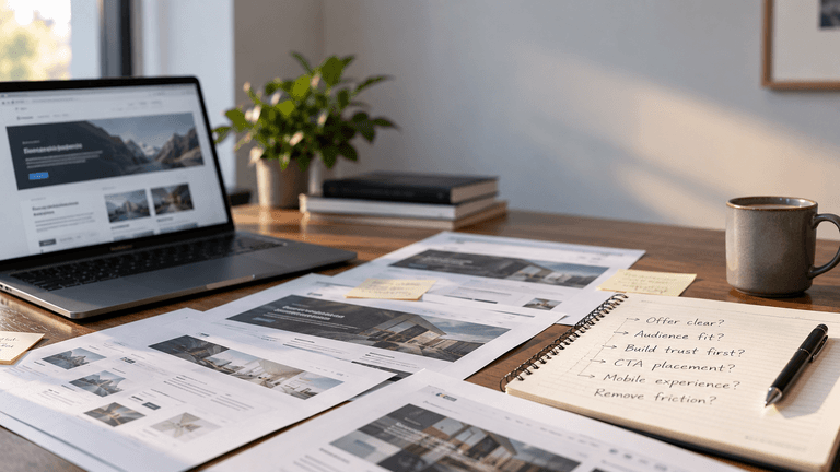 Workspace with a laptop, printed documents, a notebook, and a coffee mug.