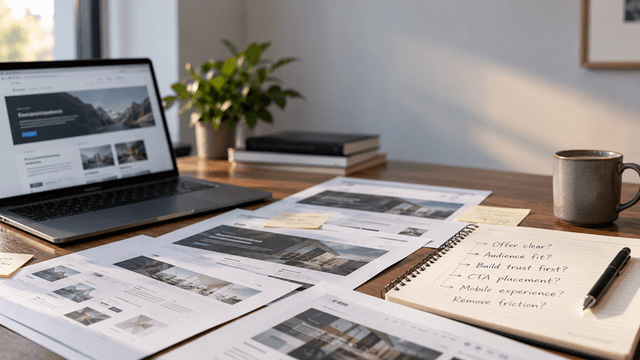 Workspace with a laptop, printed documents, a notebook, and a coffee mug.
