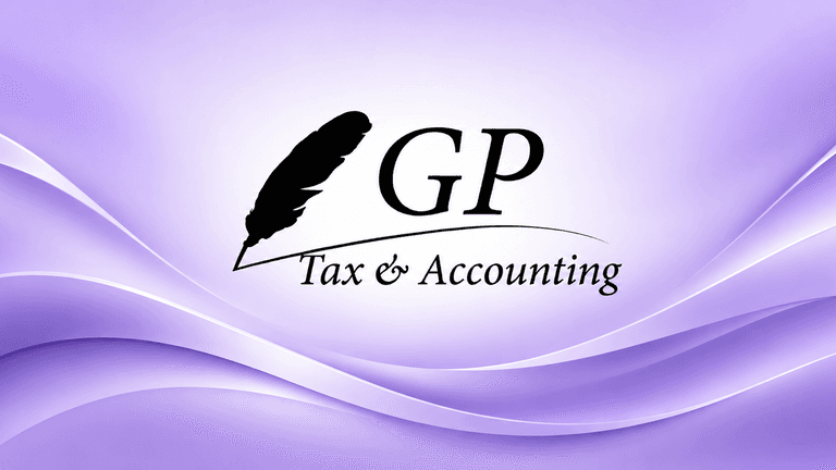 Logo for GP Tax & Accounting with a quill and purple wave background