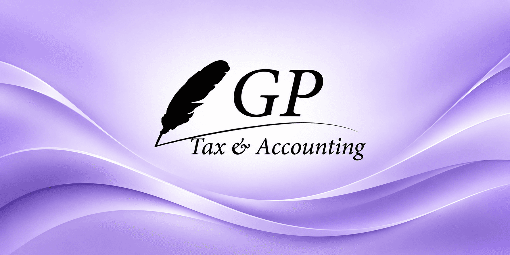 Logo for GP Tax & Accounting with a quill and purple wave background