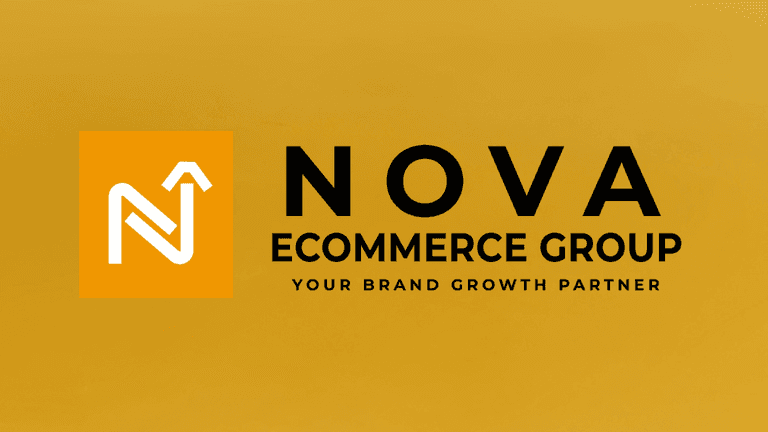 Logo of Nova Ecommerce Group on a yellow background with growth-focused tagline