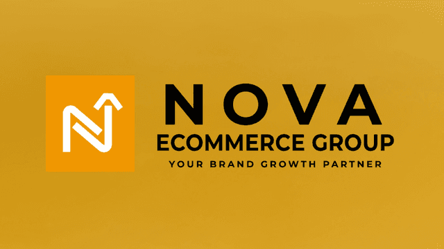 Logo of Nova Ecommerce Group on a yellow background with growth-focused tagline