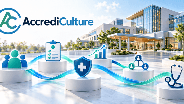 A modern healthcare facility logo featuring AccrediCulture with connected health icons and graphics