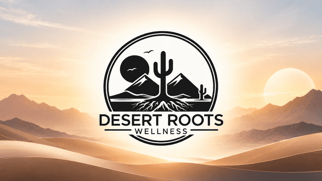 Logo for Desert Roots Wellness with mountains, cacti, sunset, and sand dunes backdrop