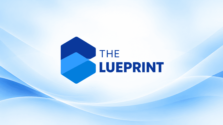 Blue gradient background featuring the logo of "The Blueprint" in blue text