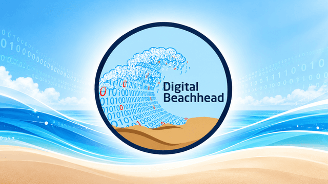 Logo depicting a wave of binary code with "Digital Beachhead" text on a beach background