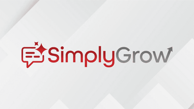 Logo of SimplyGrow featuring a speech bubble and an upward arrow in red and gray