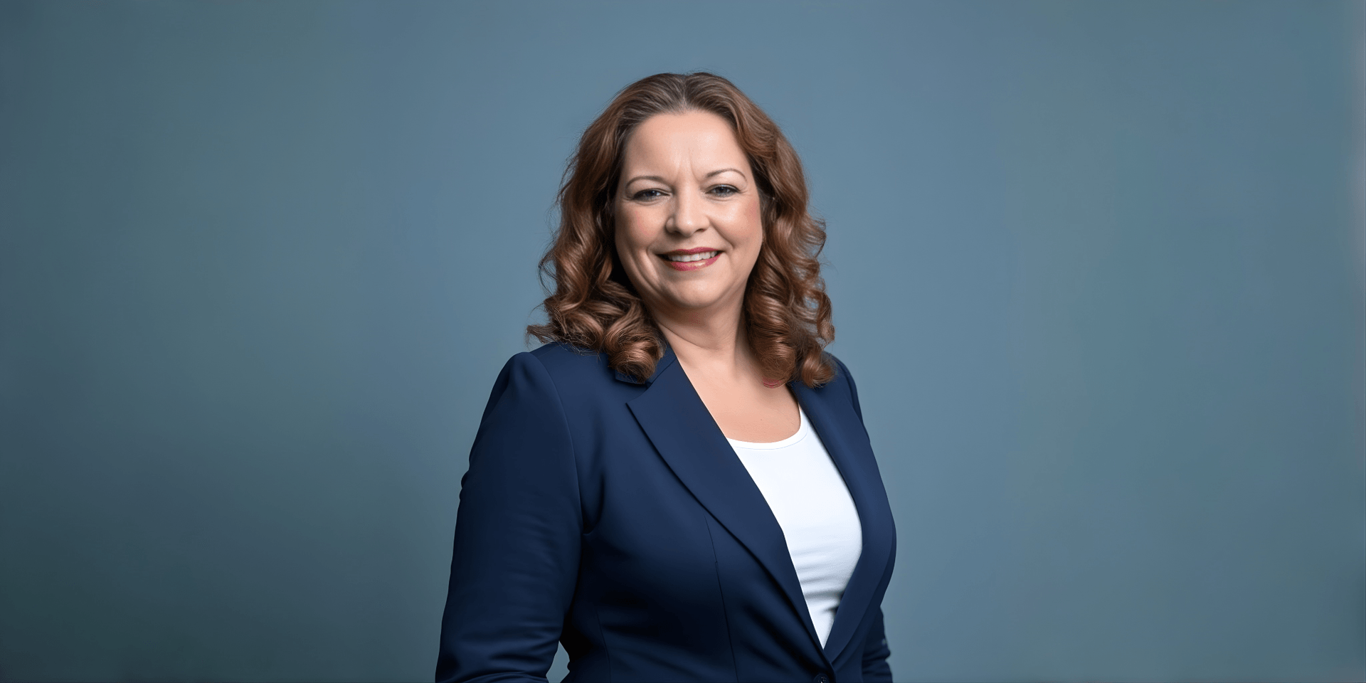 Smiling woman with curly hair wearing a blazer against a gray background