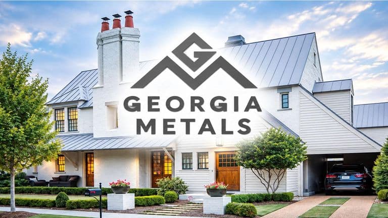 Modern house exterior with landscaping and Georgia Metals logo overlayed in the center