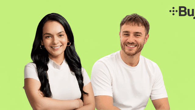 Two smiling individuals in white shirts against a green background with Buji logo