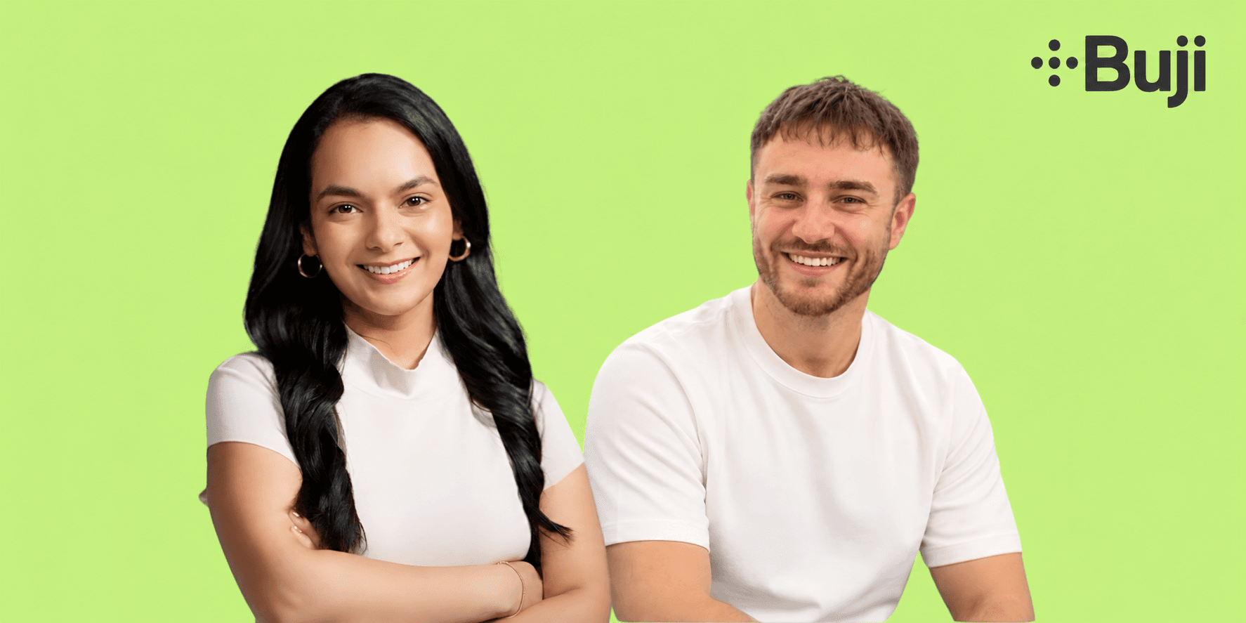 Two smiling individuals in white shirts against a green background with Buji logo