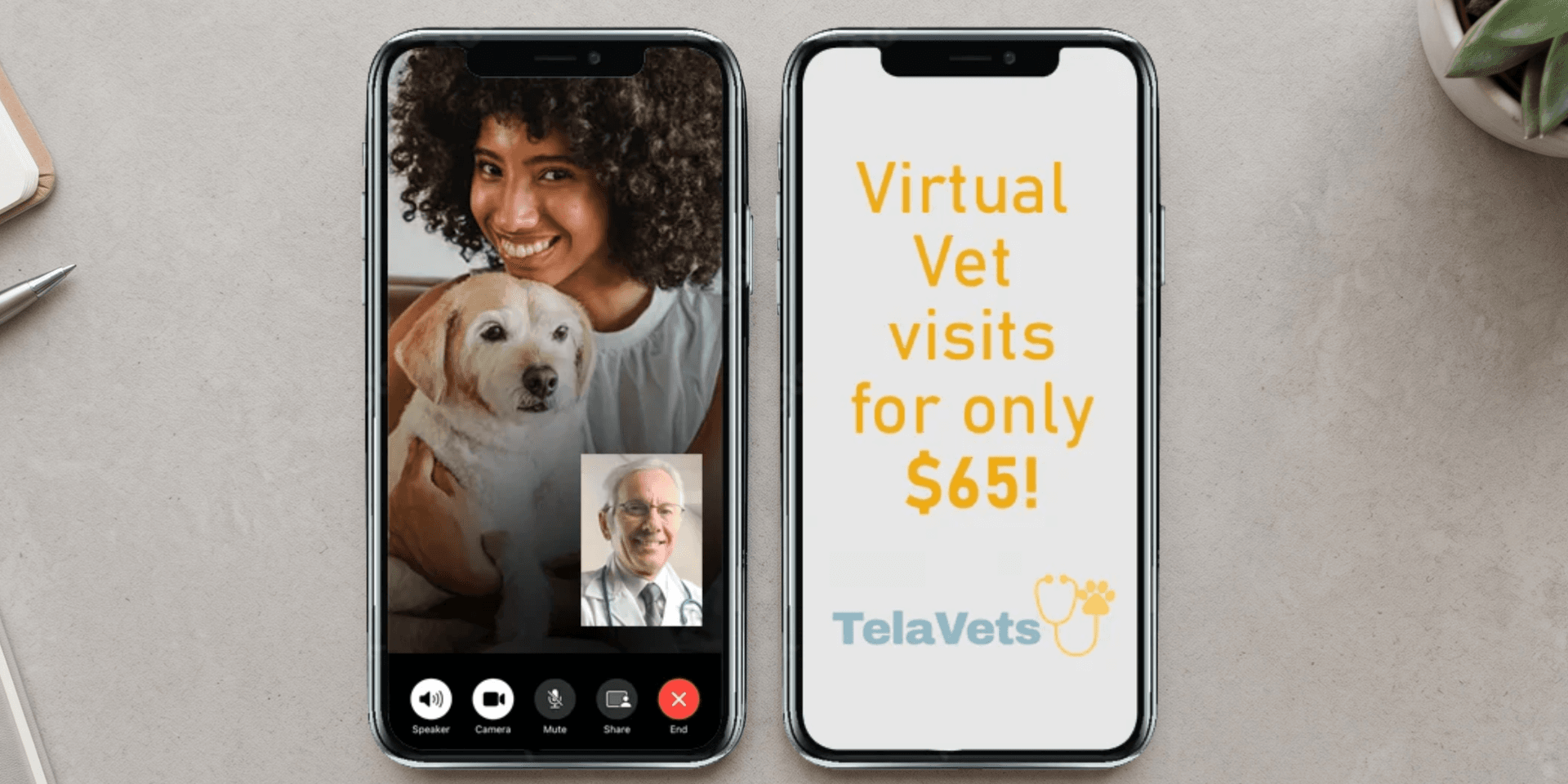 Two smartphones showing a video call with a vet and a pet owner with a dog