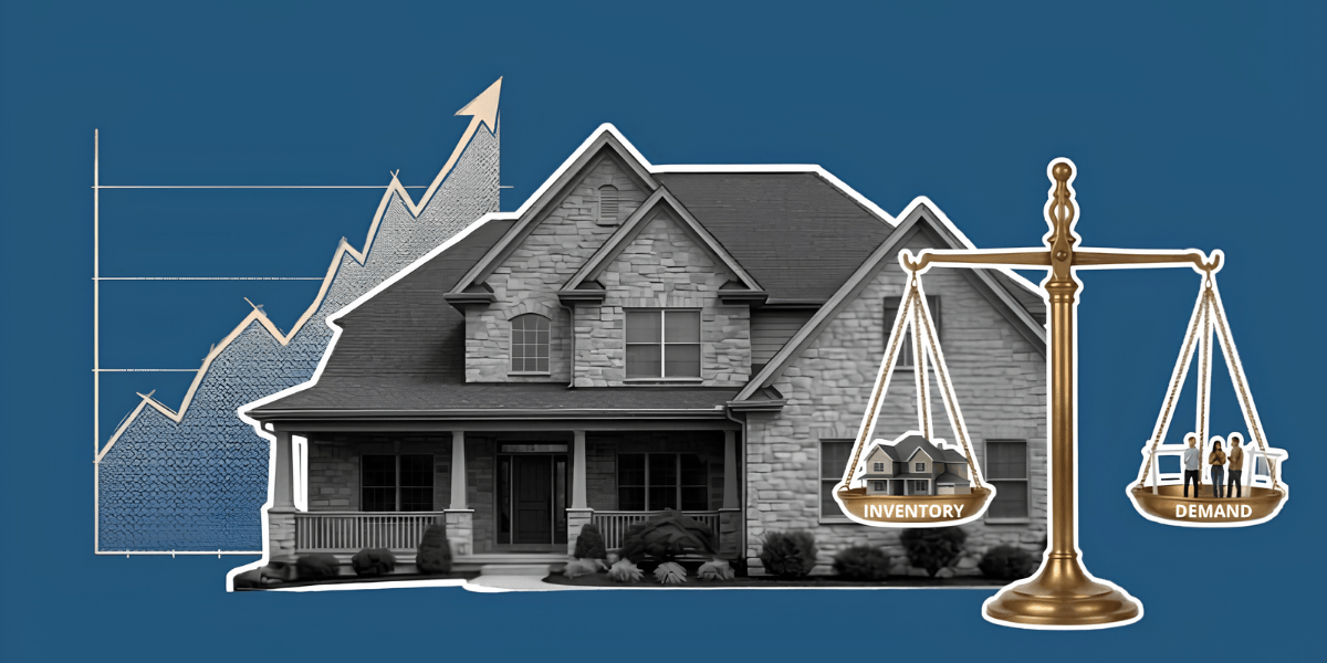 House illustration with graphs depicting rising demand and inventory balance scale