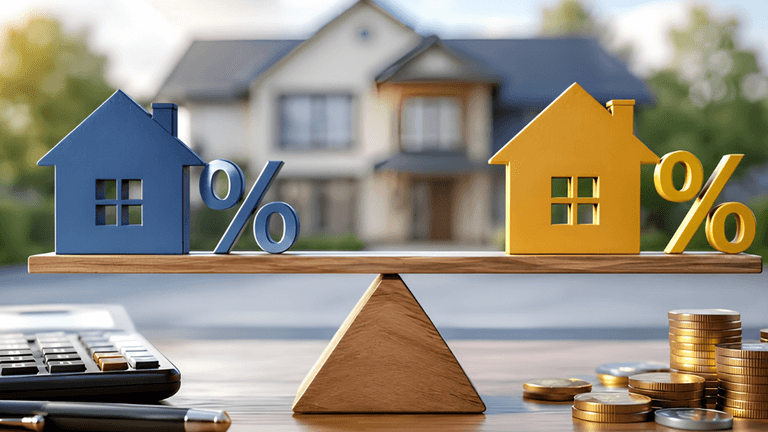 Balance scale with blue and yellow houses, percentage signs, calculator, and coins in foreground