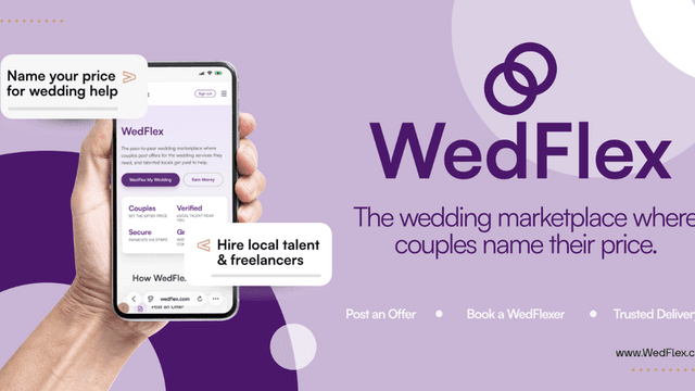 Hand holding a phone displaying the WedFlex wedding marketplace app on a purple background