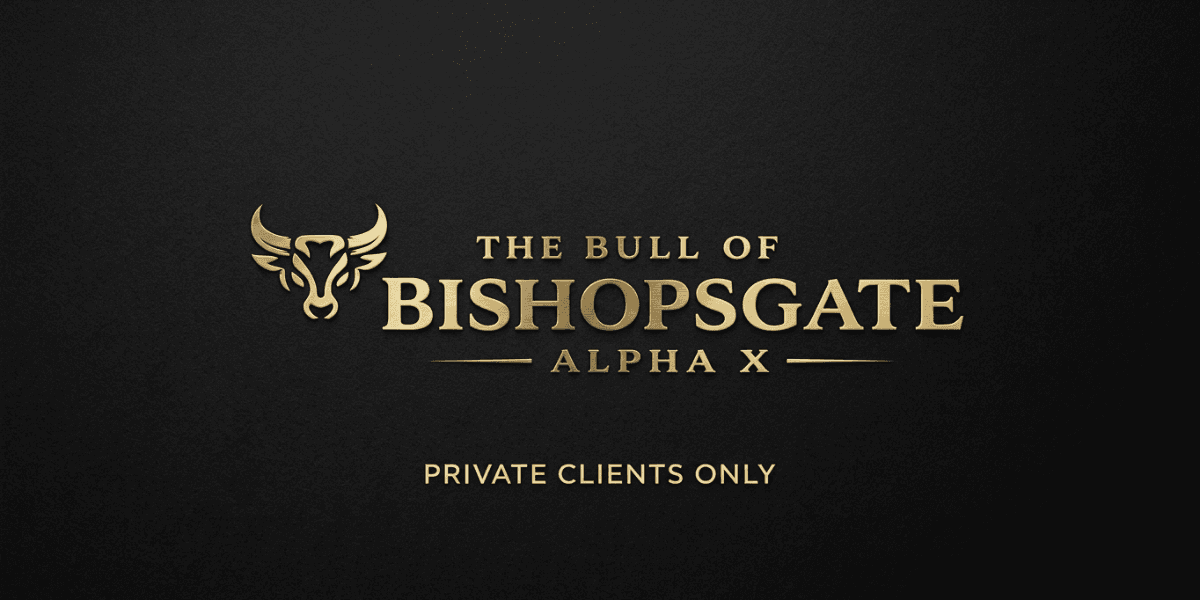 Black-and-white portrait of a suited bald man with dramatic lighting and The Bull of Bishopsgate title.