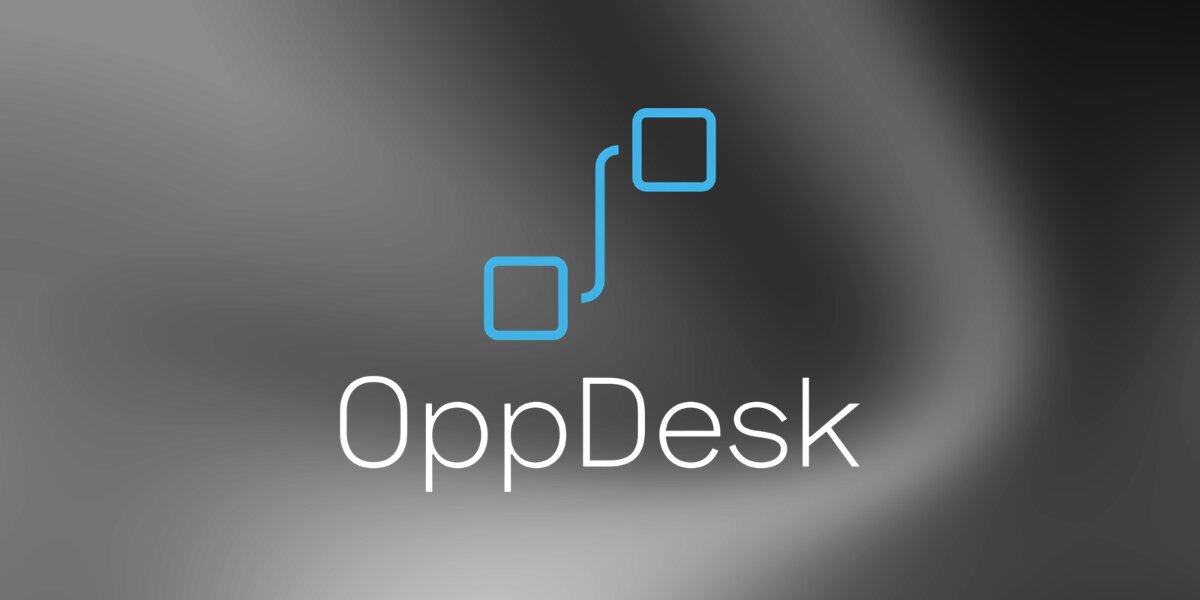 OppDesk logo with connected blue squares on a dark gray background.