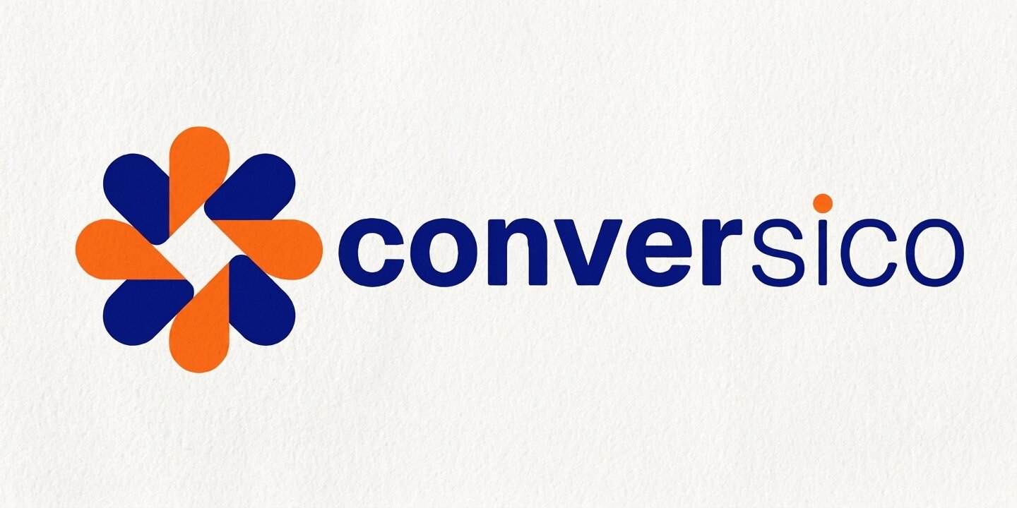 Conversico logo in blue and orange displayed on a white textured background.