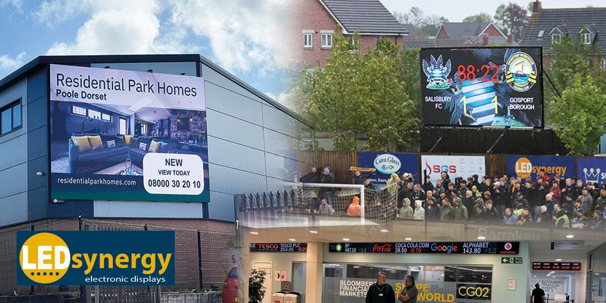 A collage featuring various LED displays: a residential park homes advertisement on a building, a sports scoreboard, a crowded stadium, and a stock ticker. The scene conveys a busy, vibrant atmosphere. LEDsynergy branding is visible in the image.