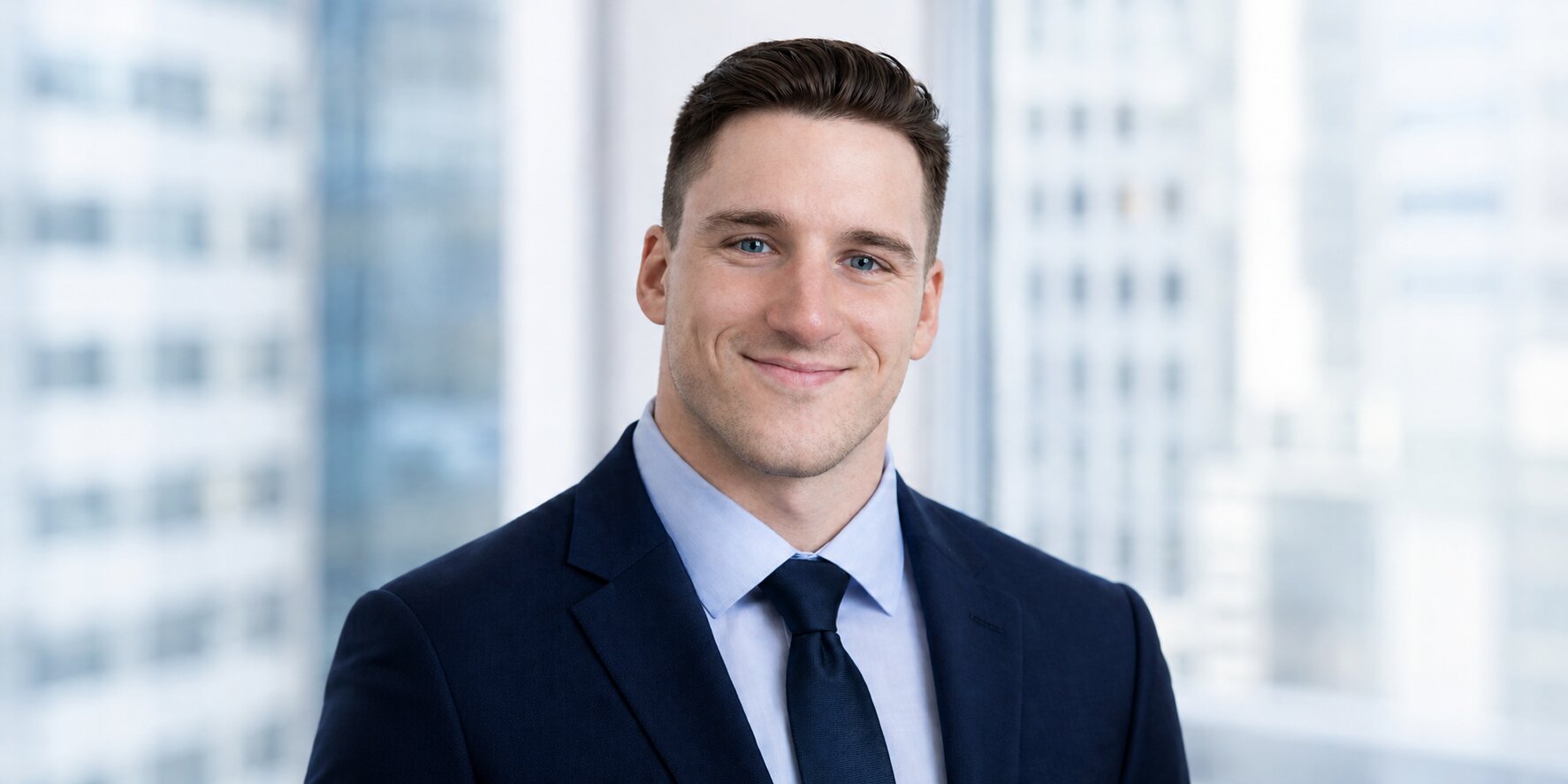 Professional headshot of Mickey Lucks wearing a navy suit and tie in an office setting.
