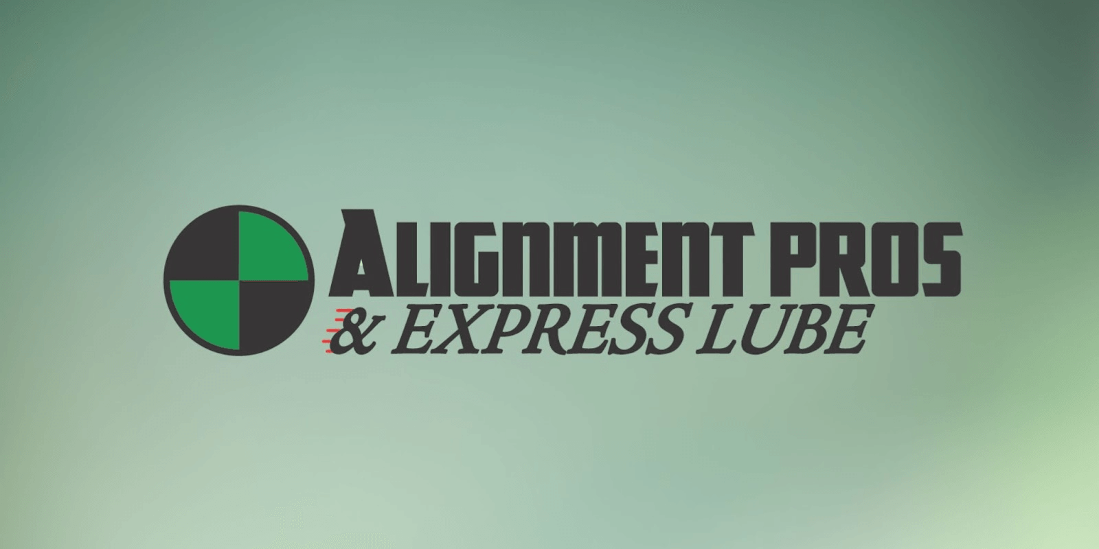 **Alt text:** Alignment Pros & Express Lube logo with green and black circular icon on gradient background.