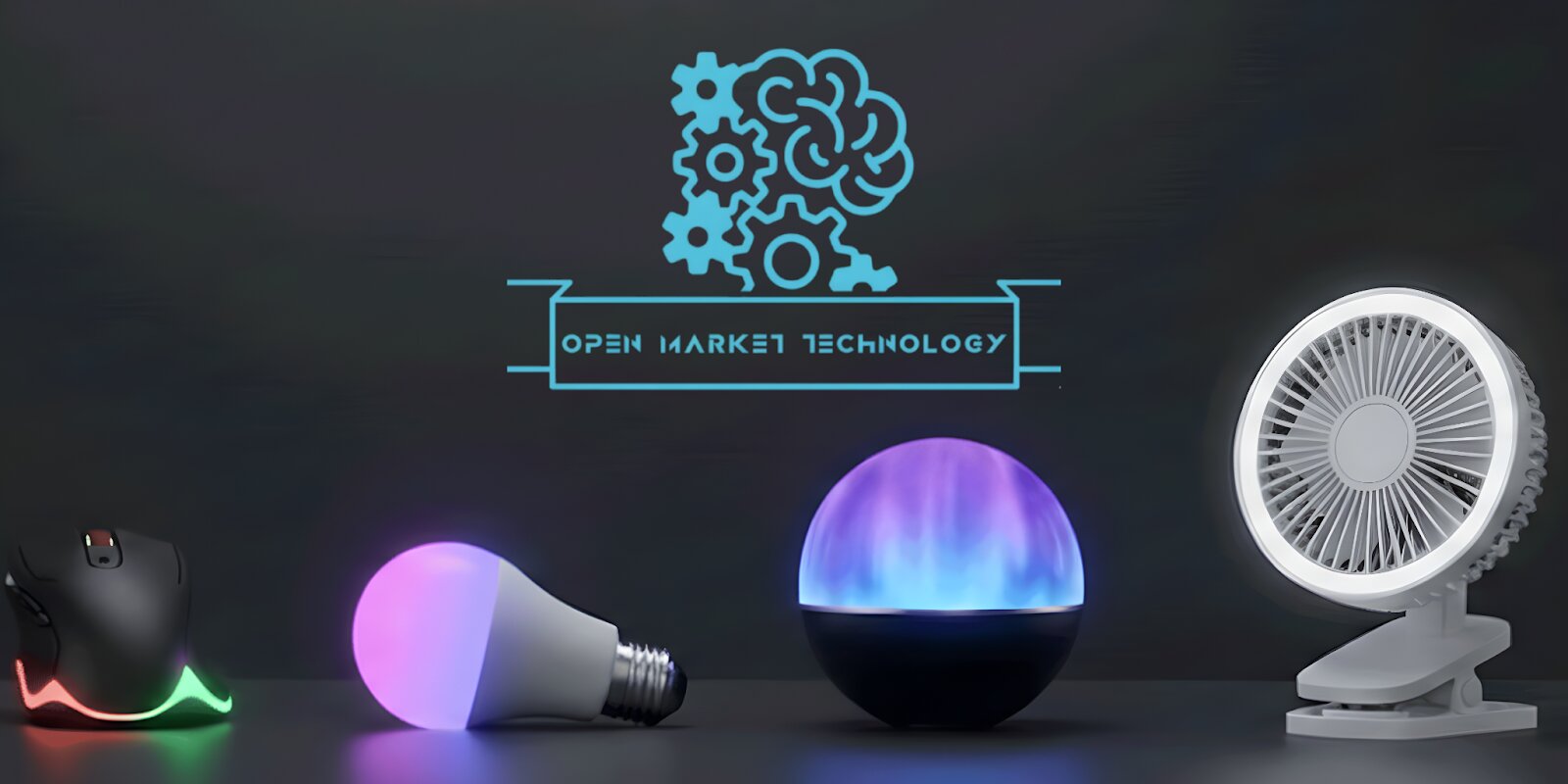 Various tech products including a gaming mouse, smart light bulb, and fan, showcasing Open Market Technology's innovation.