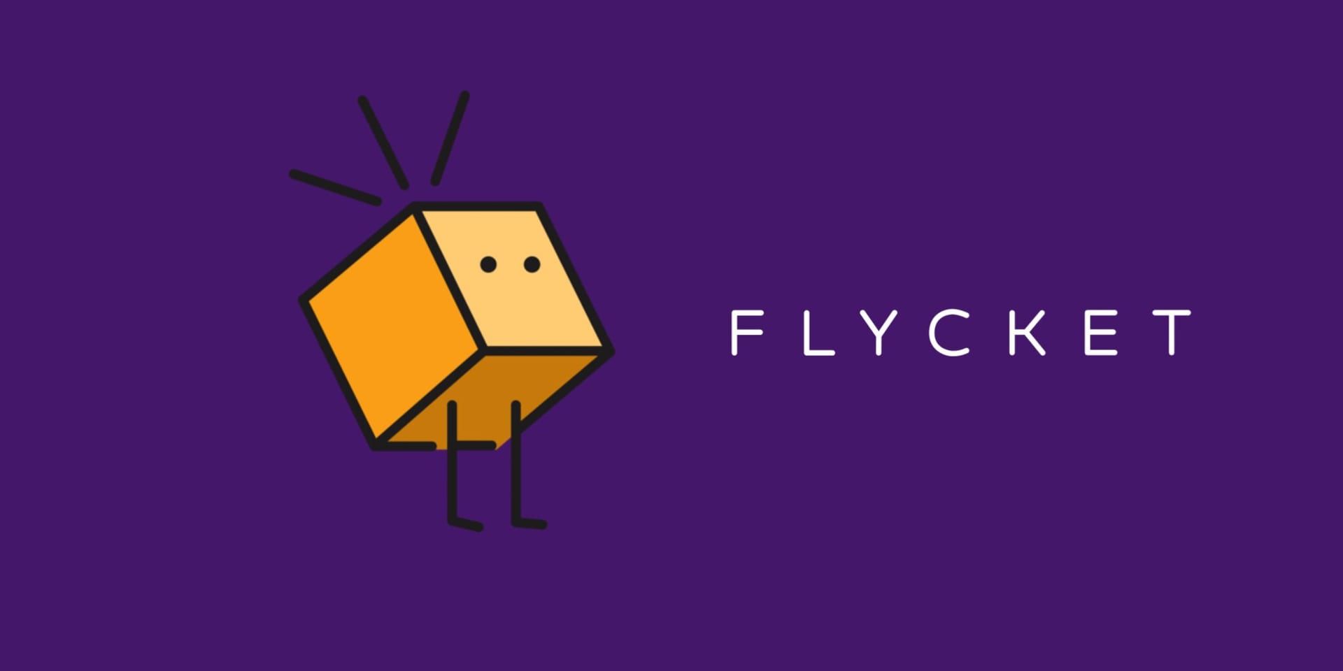 Flycket logo featuring a cube character beside the Flycket wordmark on a purple background.