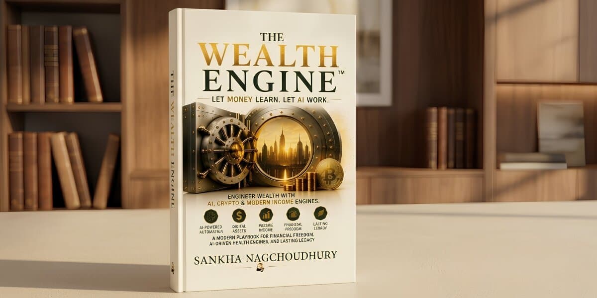 The Wealth Engine book by Sankha Nagchoudhury displayed upright against wooden bookshelves.