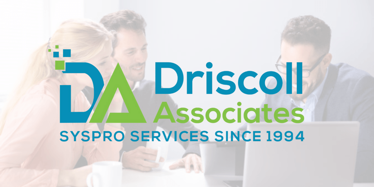 Driscoll Associates logo with a team collaborating, highlighting SYSPRO ERP solutions for resilient and adaptable manufacturing operations.