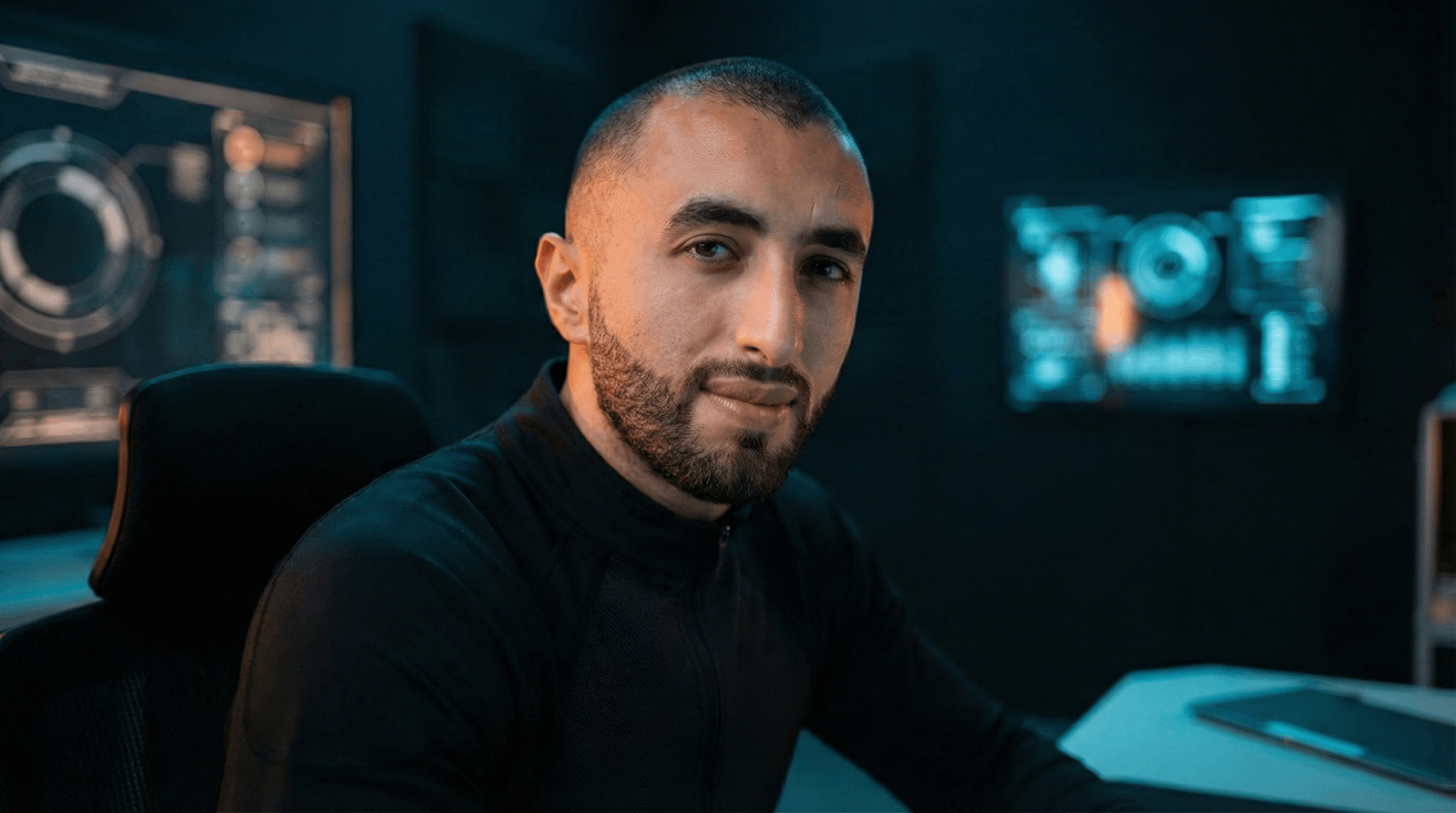 Kaikhan Salakhov in his futuristic studio, blending art, science, and philosophy for space exploration and technology.